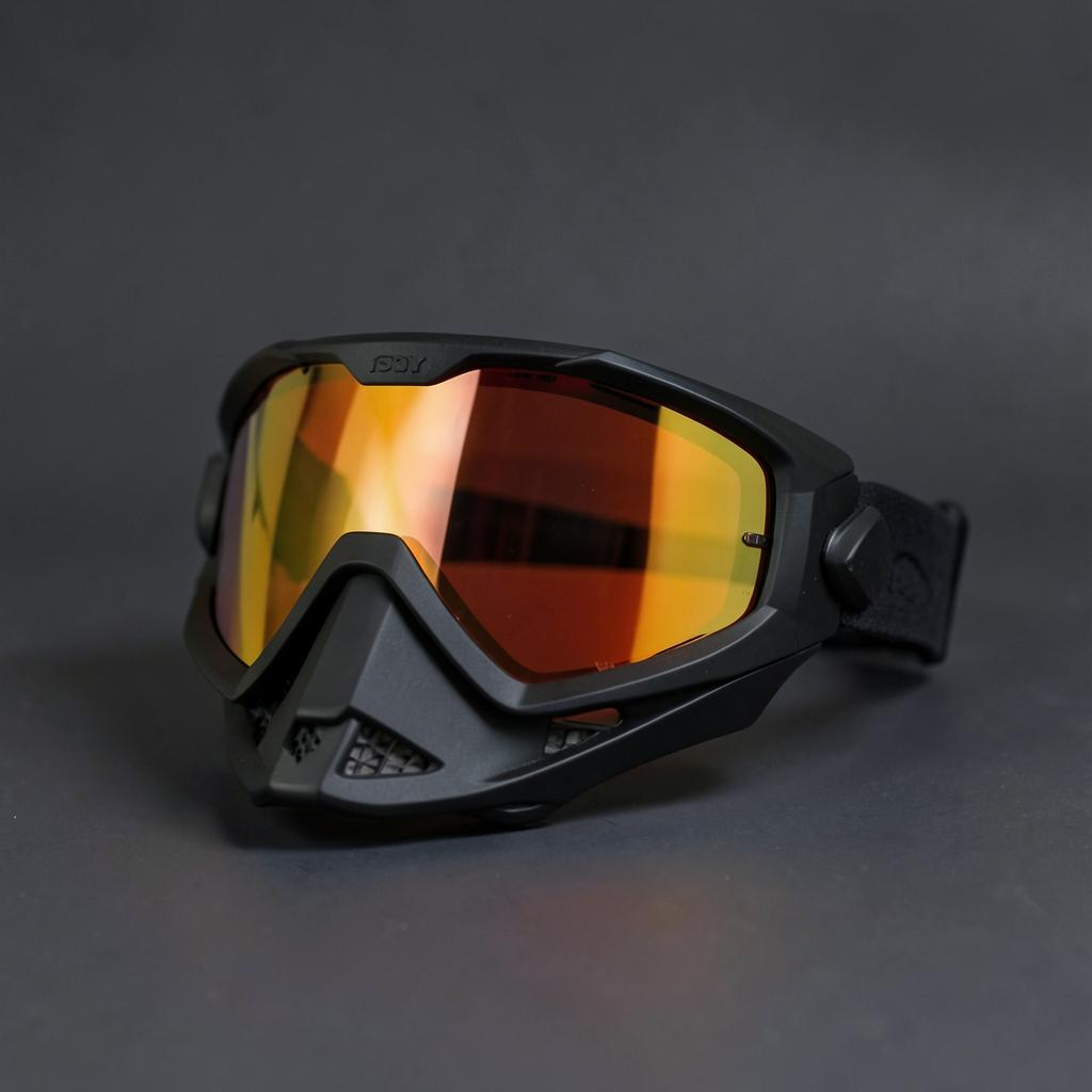 Black motocross goggles with a mirrored orange lens