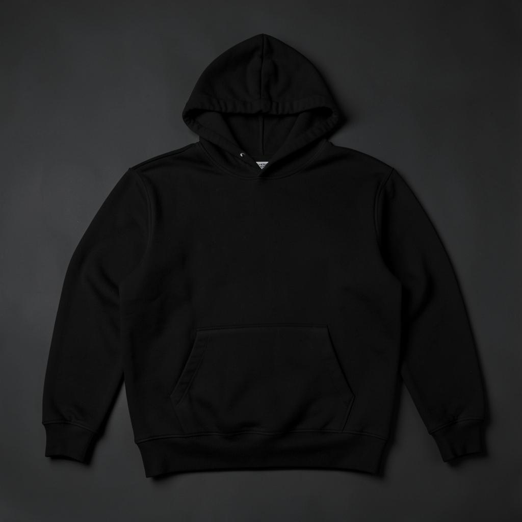 Black pullover hoodie laid flat