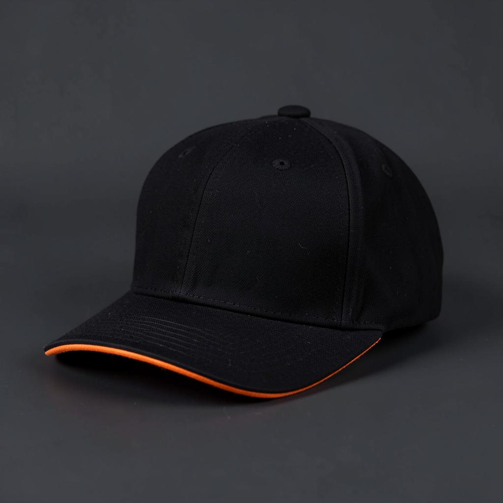 Black snapback cap with orange brim edge