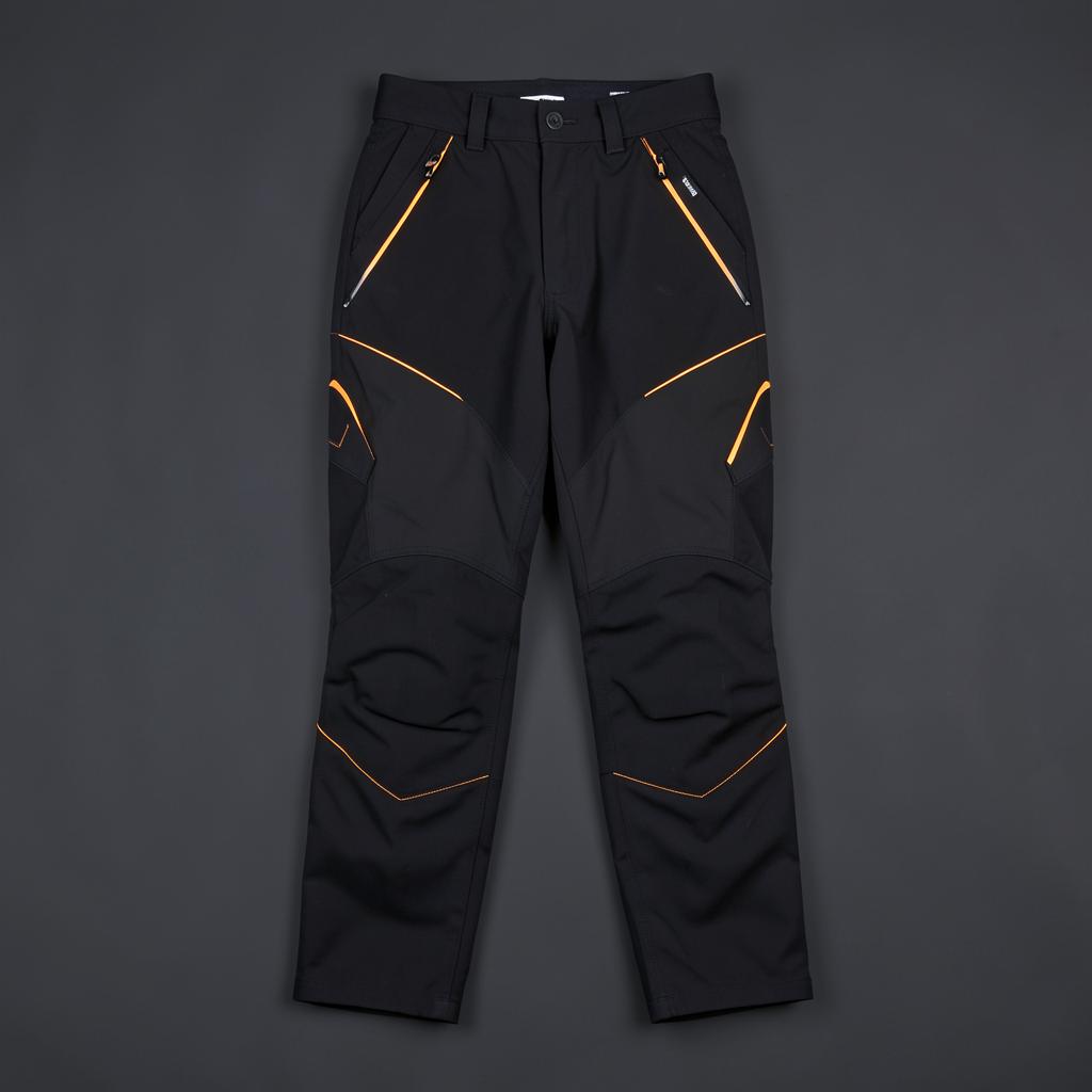 Black off-road riding pants with orange accents