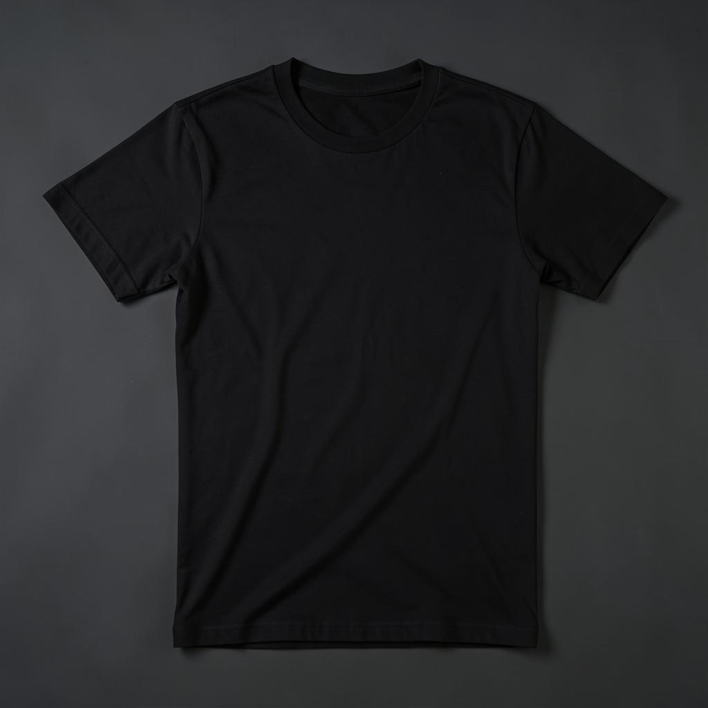 Plain black cotton t-shirt laid flat