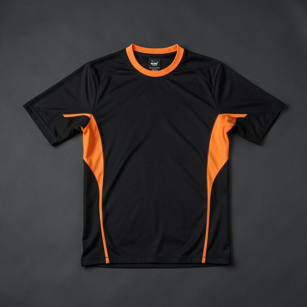 Black and orange off-road race jersey laid flat