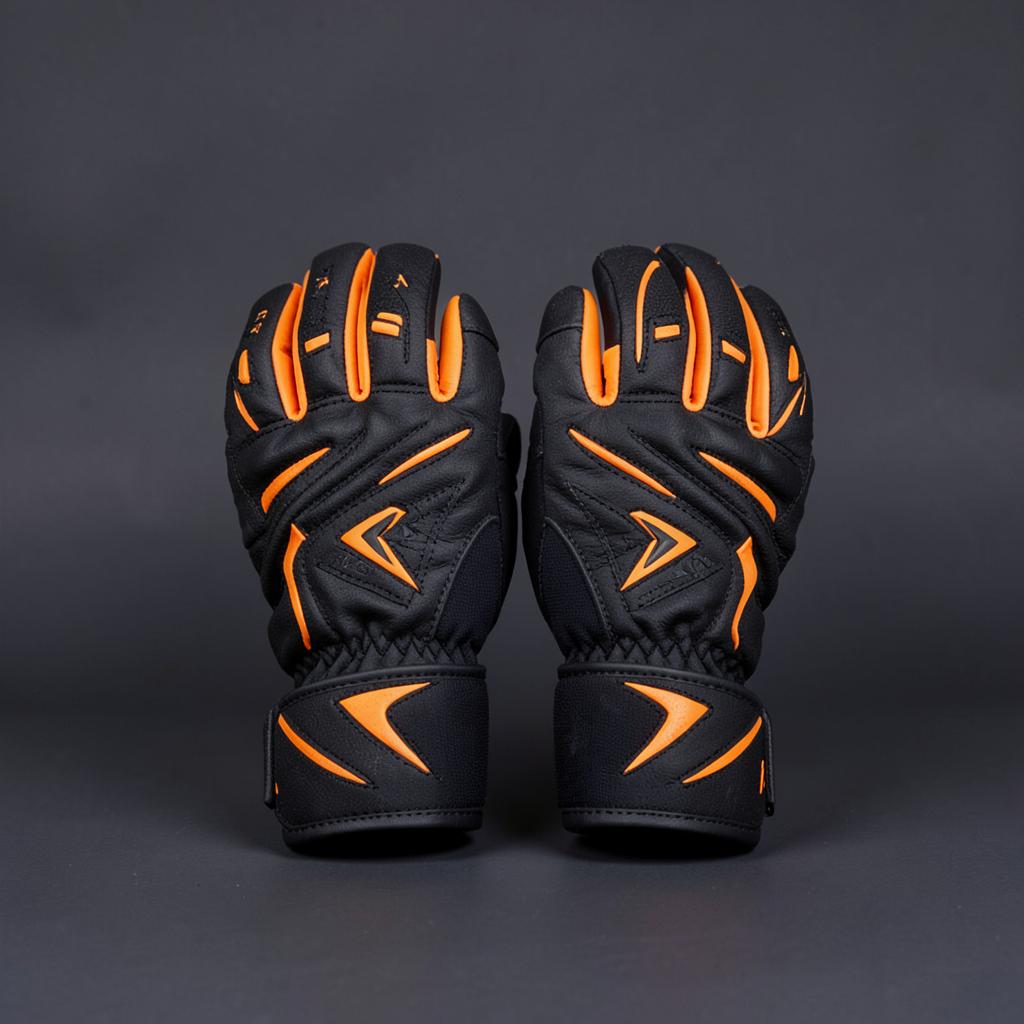 Pair of black and orange motocross riding gloves