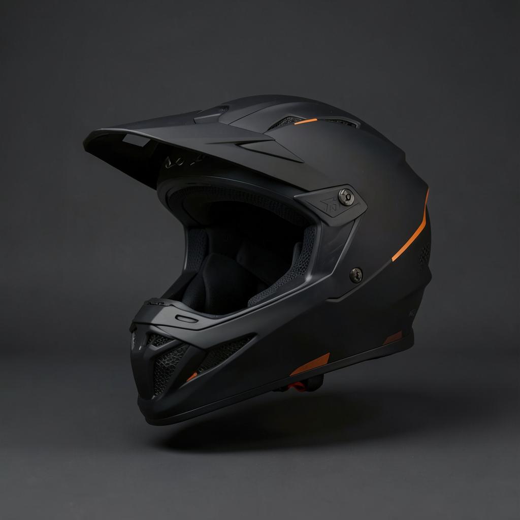 Matte black off-road helmet with orange accents